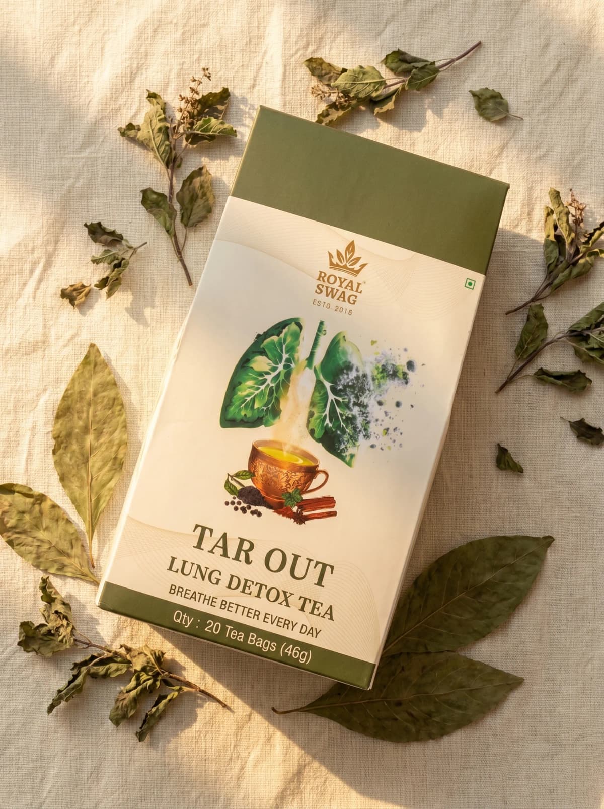 Royal Swag Lung Detox Tea — Tar Out packaging with seven Ayurvedic herbs